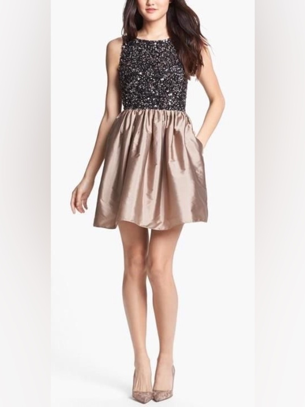 Adrianna Papell Black Sequin Bodice with Champagne Satin Skirt Dress